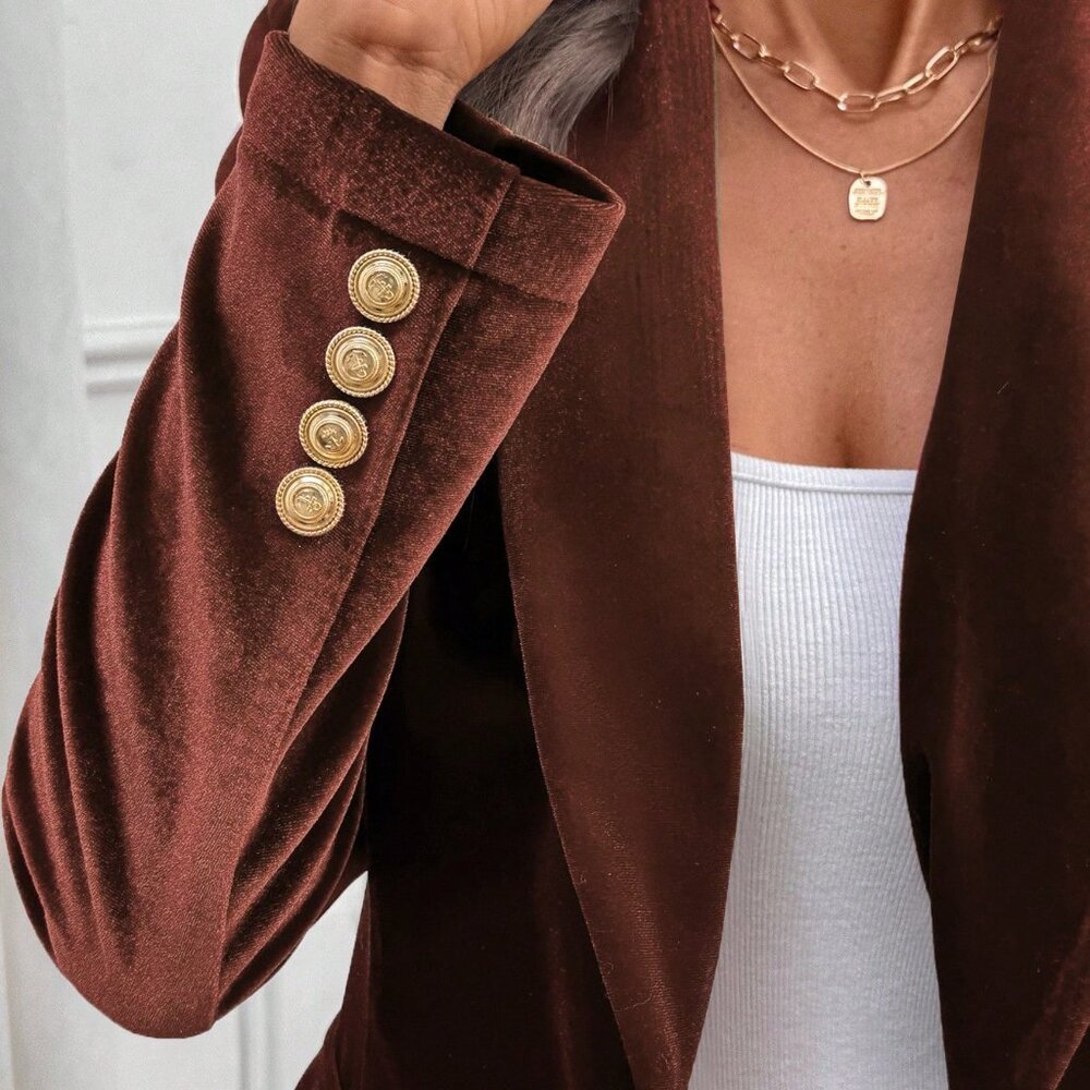 Brown Elegant Women's Velvet Blazer - Picture 5 of 8
